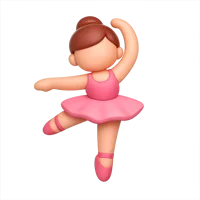 Front-facing ballet dancer 3D icon with dark skin tone in a premium non-isometric UI style