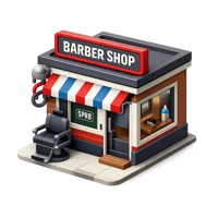 Isometric 3D barbershop icon with a recognizable storefront for grooming and local business visuals