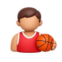Front-facing 3D icon of a basketball player dribbling a ball with dark skin tone for sports and fitness UI design