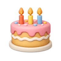 Front-facing birthday cake 3D icon for celebration, party, and event UI design