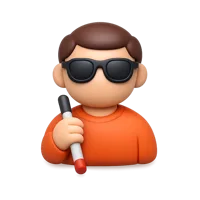 Front-facing 3D icon of a blind man with a white cane and medium-light skin tone for accessibility UI design