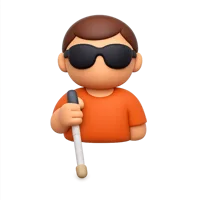 Front-facing 3D icon of a blind person with dark skin tone holding a white cane for accessibility and inclusive UI design