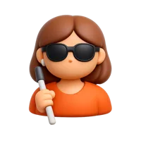 Front-facing 3D icon of a blind woman with a white cane and medium-light skin tone for accessibility UI design