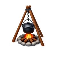 Isometric 3D campfire tripod icon for camping, outdoor cooking, and survival themed designs