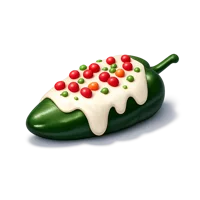 Isometric 3D icon of Chile en Nogada, a traditional Mexican stuffed pepper dish with walnut sauce and pomegranate