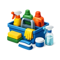 Cleaning kit isometric 3D icon with household cleaning supplies for hygiene and housekeeping visuals