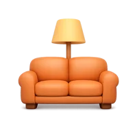 Front-facing 3D icon of a couch and lamp for living room, furniture, and interior design UI