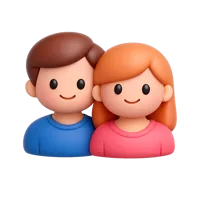 Front-facing 3D icon of a couple with a heart, showing a woman and man in a romance theme