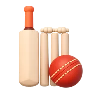 Front-facing cricket 3D icon in a premium non-isometric UI style, free to download for sports and game interfaces.