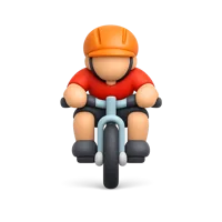 Front-facing 3D icon of a cyclist with dark skin tone for sports, fitness, and activity UI design