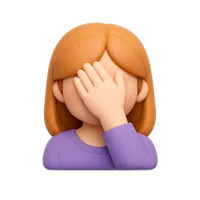 Front-facing 3D icon of a woman facepalming, useful for reaction UI, emotion states, and messaging interfaces.