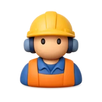 Front-facing factory worker 3D icon with dark skin tone in a premium non-isometric UI style