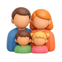 Front-facing family 3D icon showing adults and children for parenting, household, and profile UI design
