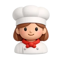 Front-facing female chef 3D icon with medium-light skin tone for restaurant, cooking, and kitchen UI design