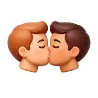 Front-facing 3D icon of two men kissing, one with medium-light skin tone and one with dark skin tone