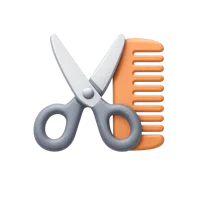 Front-facing 3D icon of a man with dark skin tone getting a haircut, suitable for salon and grooming UI designs.