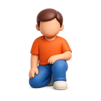 Front-facing 3D icon of a kneeling man with dark skin tone facing right, in a premium non-isometric UI style.