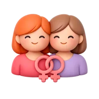 Front-facing 3D icon of a lesbian couple with a heart, featuring medium and medium-light skin tones
