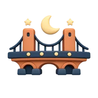 Front-facing 3D icon of a night bridge for travel, map, and city landmark UI design