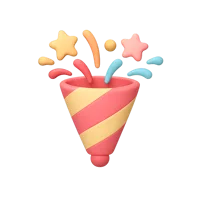 Front-facing party popper 3D icon with festive confetti for celebration and event UI design