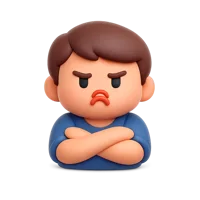Front-facing 3D icon of a pouting man with medium-dark skin tone for messaging, avatars, and reaction UI