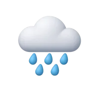 Front-facing 3D rain cloud icon with sun behind it and falling rain for weather and forecast UI designs.