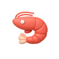 Front-facing shrimp 3D icon in a premium non-isometric UI style, free to download for food and seafood interfaces.