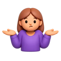 Front-facing 3D icon of a shrugging woman with medium-light skin tone for reactions, uncertainty, and messaging UI