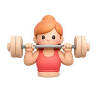 Front-facing 3D icon of a woman lifting weights with medium skin tone for fitness and workout UI design