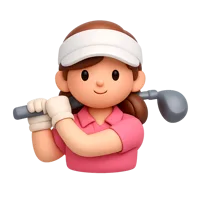 Front-facing woman golfer 3D icon with dark skin tone for sports and recreation UI design