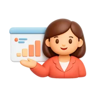 Front-facing 3D icon of a woman presenting with an open hand for guidance, onboarding, and assistant UI screens