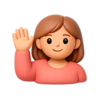Front-facing 3D icon of a woman raising her hand with dark skin tone for education, support, and UI design