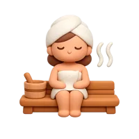 Front-facing 3D icon of a woman in a steamy sauna room with light skin tone, for wellness and spa UI design.