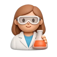 Front-facing woman scientist 3D icon with medium-light skin tone for science, education, and research UI design