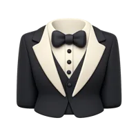 Front-facing 3D icon of a woman wearing a tuxedo with dark skin tone styling for UI design