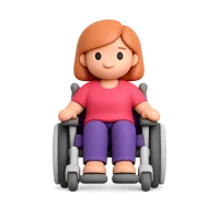 Front-facing 3D icon of a woman in a motorized wheelchair with medium-light skin tone