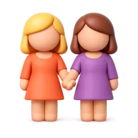 Front-facing 3D icon of two women holding hands with medium-light and dark skin tones