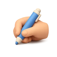 Front-facing writing hand 3D icon with medium skin tone for education, notes, and messaging UI