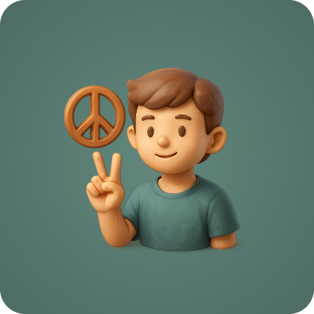 A 3D icon of a person holding up a peace sign